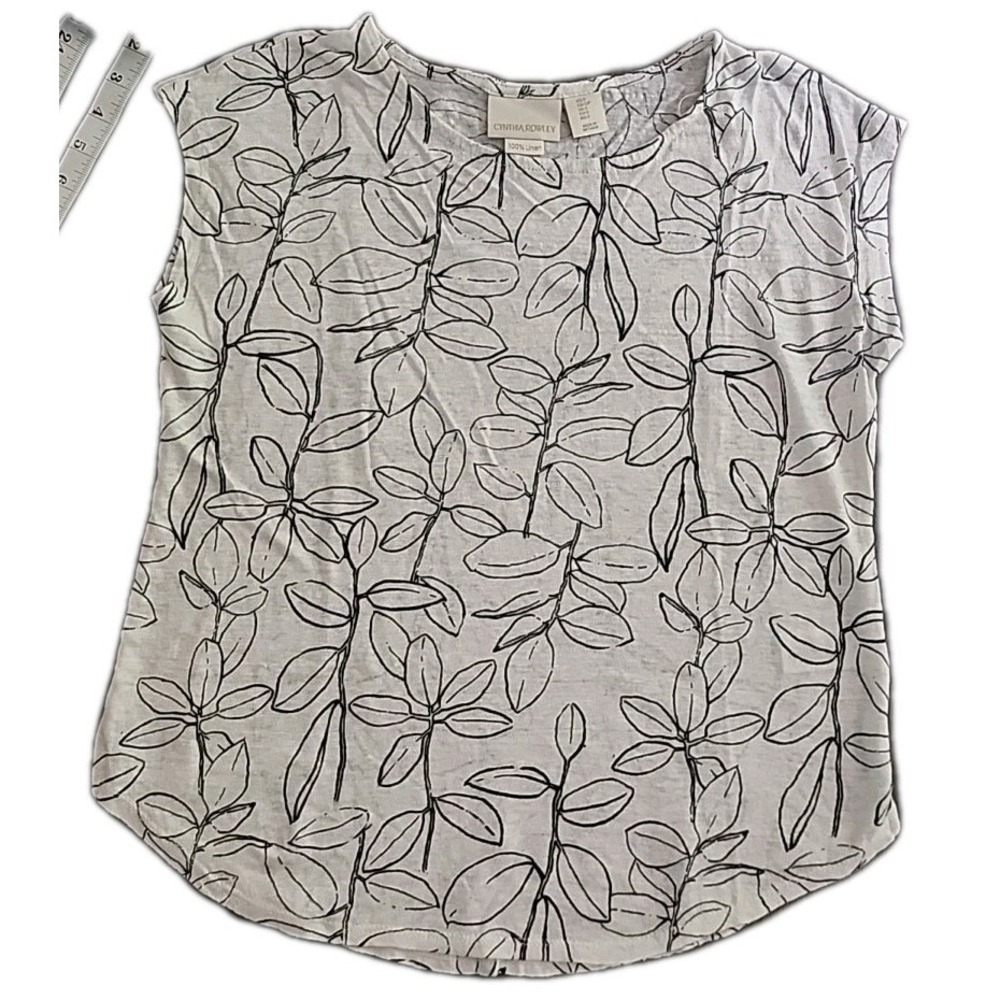 CYNTHIA ROWLEY Black Botanical‎ Print Button Linen Slub Knit Top Womans Small